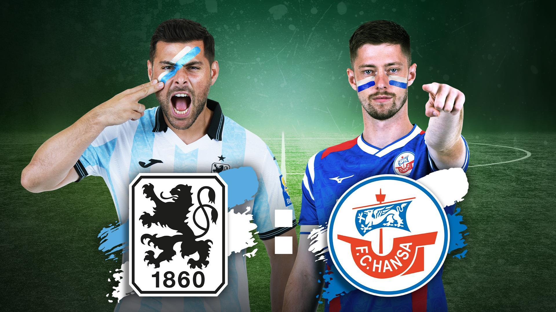 Werbegrafik mit Spielern von 1860 München und Hansa Rostock mit Vereinslogos.